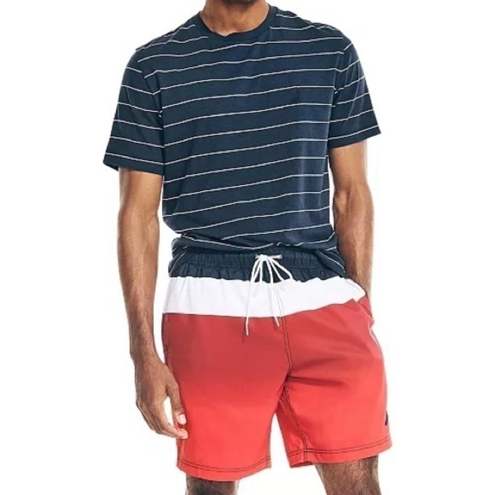 Nautica Men's Colorblocked Quick-Dry 18" Board Shorts in Navy/White/Red Size S - Picture 4 of 7
